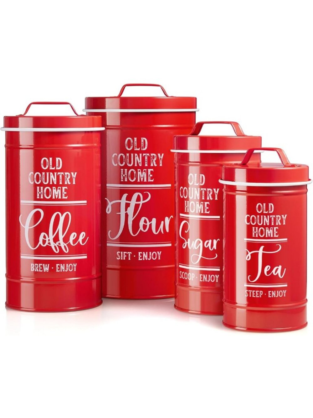 Airtight Red Kitchen Canister Set - Flour, Sugar, Coffee & Tea Storage, 4-Piece